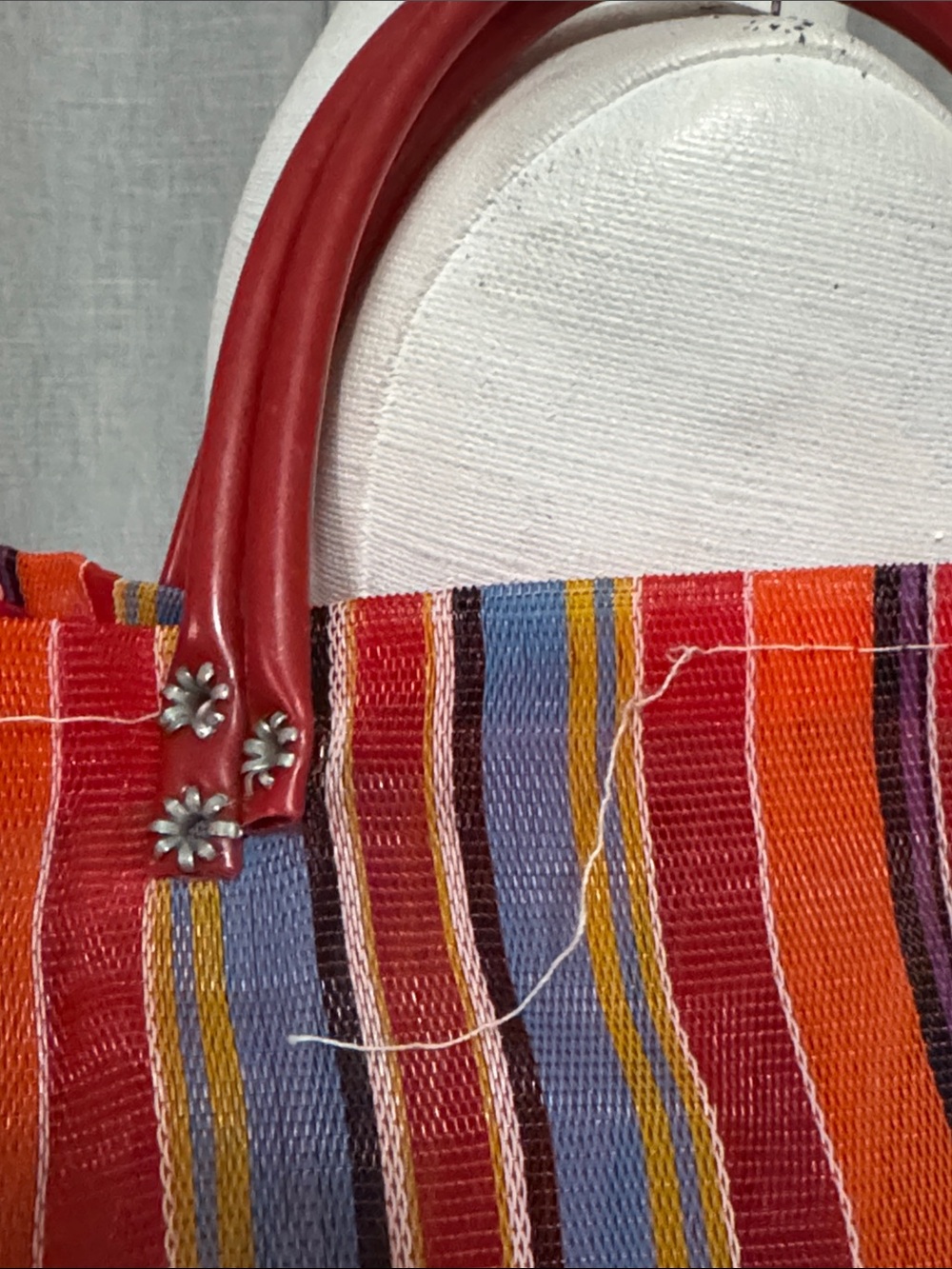 Vintage Woven Plastic Tote Bag-Rainbow Stripes-Mesh Look-Hand Carry Double Strap - Picture 8 of 13